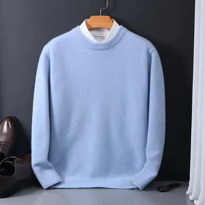 Light blue men's cashmere blend crewneck sweater on hanger, styled with white collared shirt and brown dress shoes.