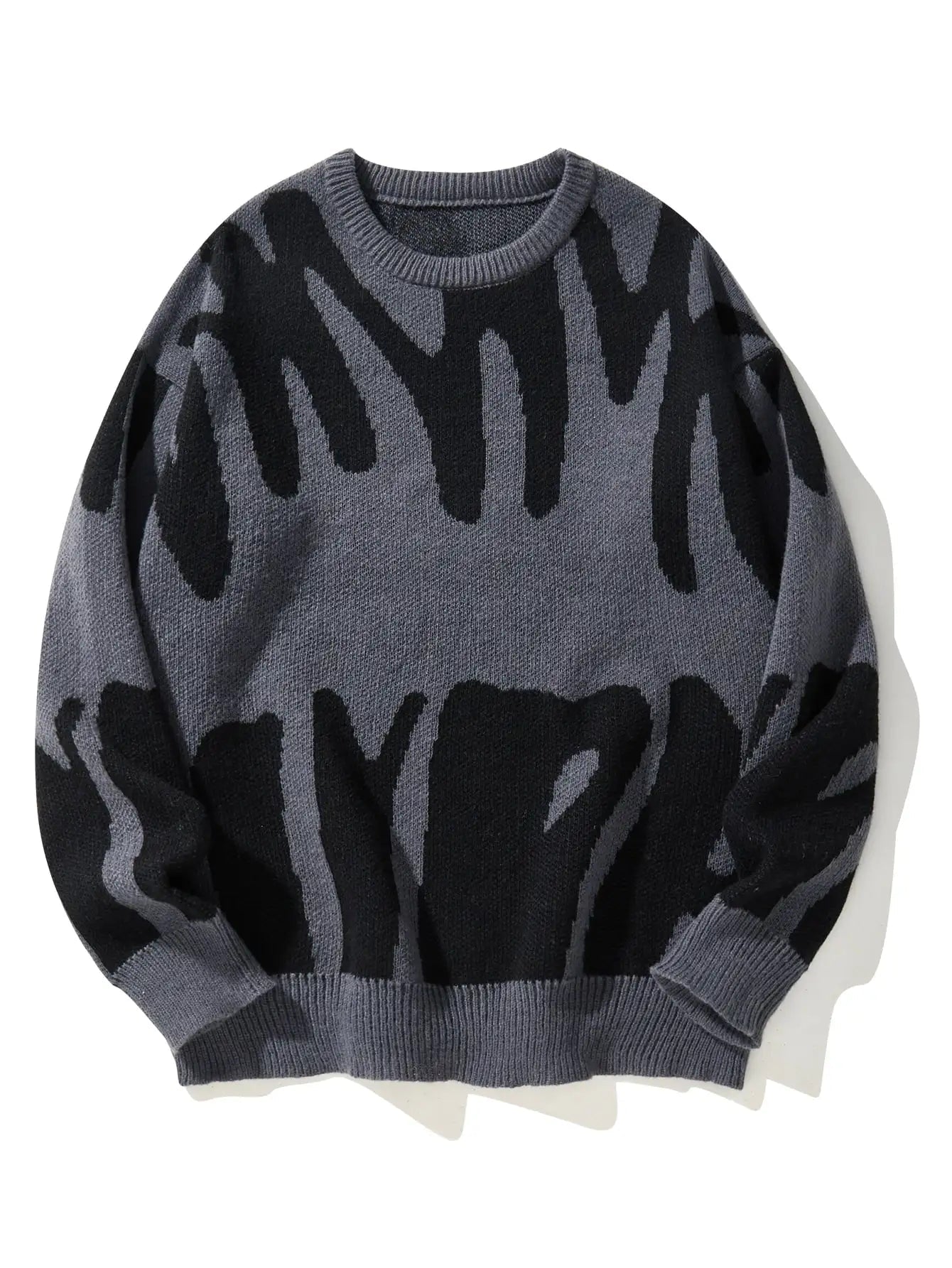 Men's oversized wool knit sweater in gray and black with abstract drip pattern design