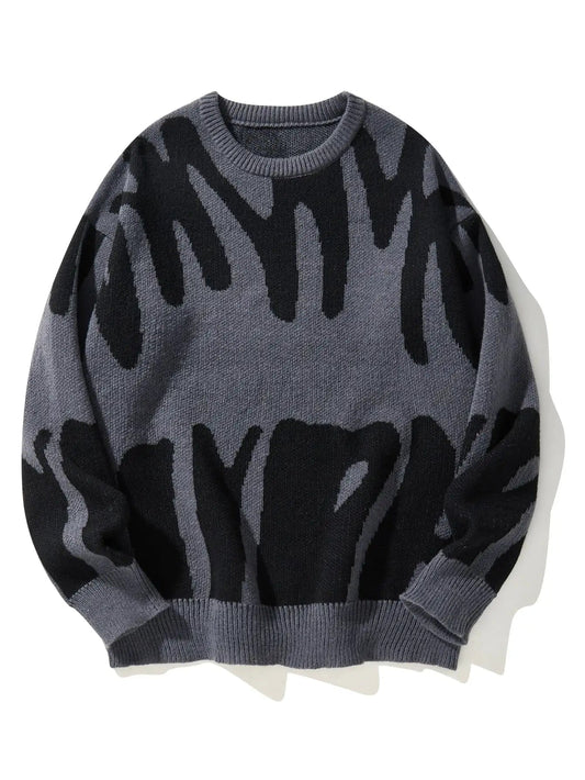 Men's oversized wool knit sweater in gray and black with abstract drip pattern design