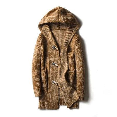 Men's brown wool blend hooded toggle cardigan with ribbed knit texture and front pockets, laid flat on white background.
