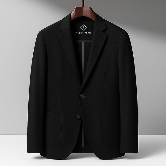 Black unstructured cotton blazer for men hanging on wooden hanger - Alden York menswear tailored jacket