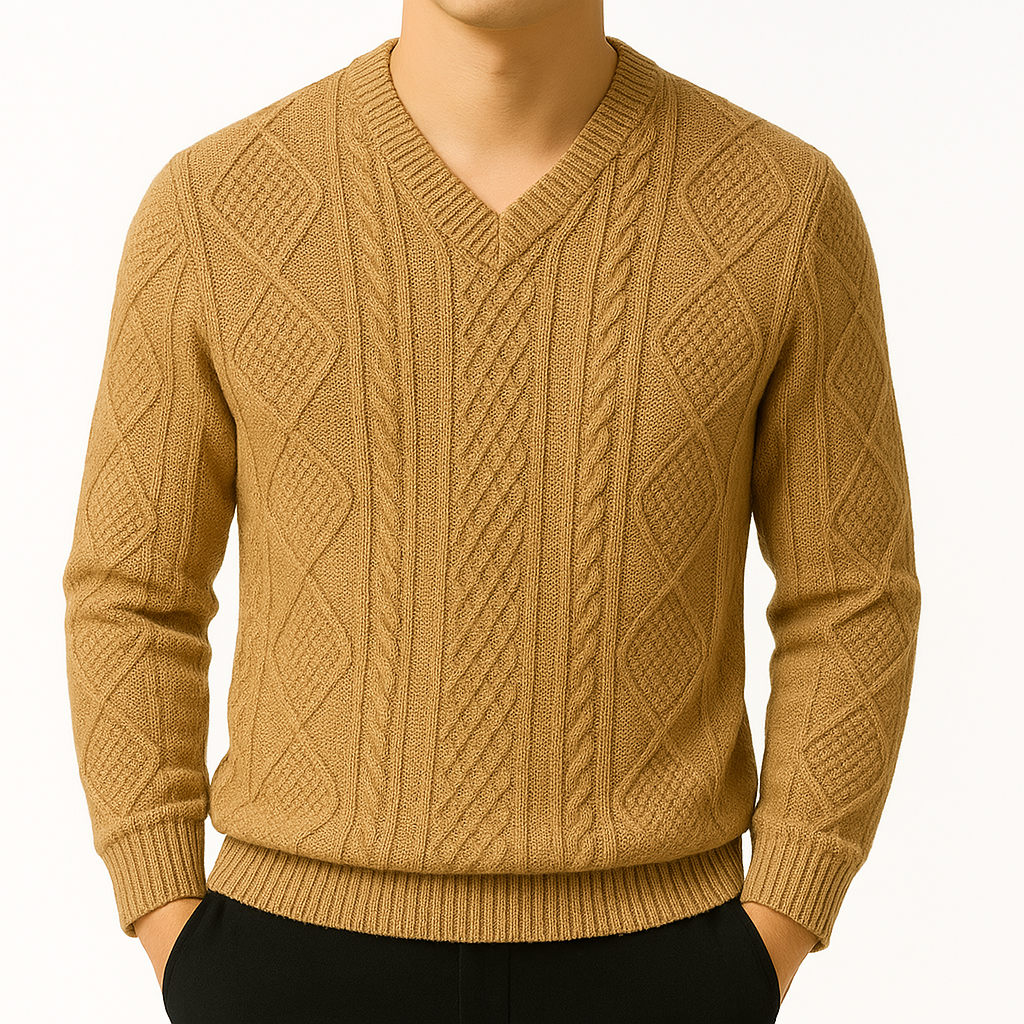 Montclair Cable Knit V-Neck Wool Sweater