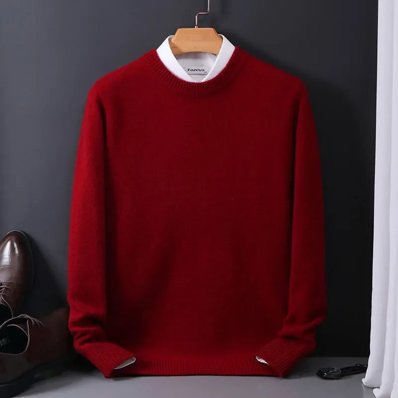 Red cashmere blend crewneck sweater for men displayed on hanger with white collar layered underneath