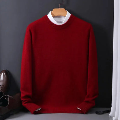 Red cashmere blend crewneck sweater for men displayed on hanger with white collar layered underneath