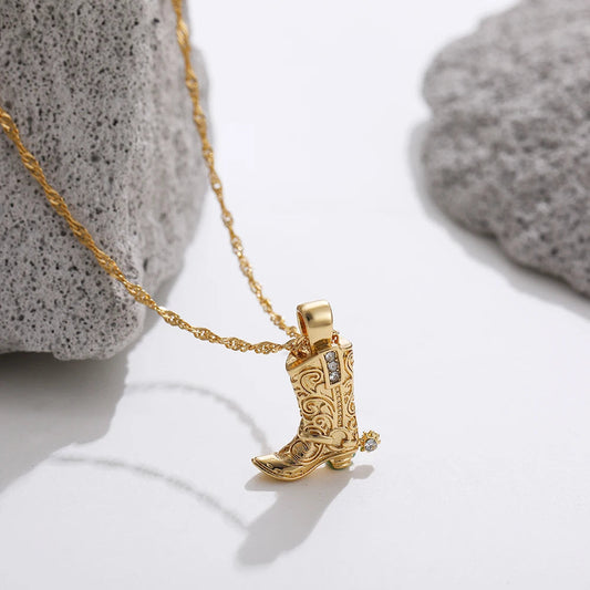 Gold Western Cowboy Boot Charm Necklace with Ornate Details and Crystal Accents on Chain for Women