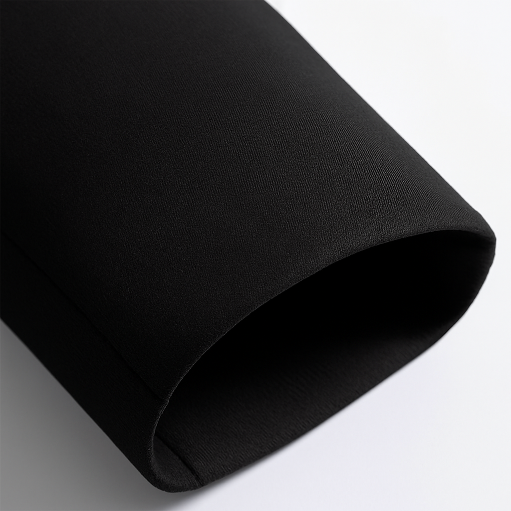 Close-up of black cotton fabric with fine texture, shown rolled to display the smooth, matte finish and material quality.