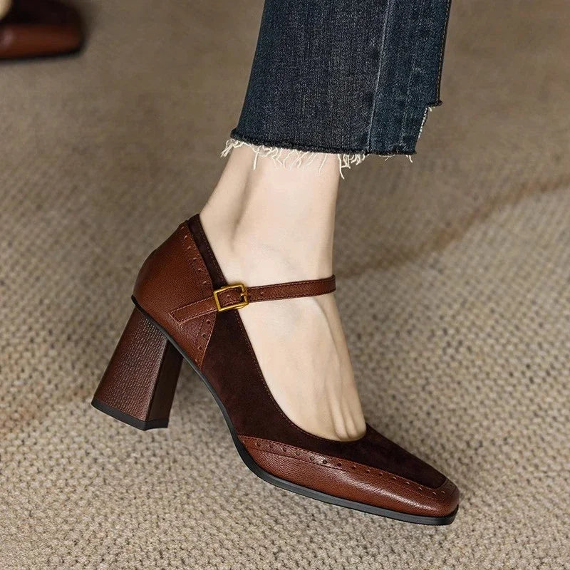 Women's Square Toe Leather Block Heel Pumps