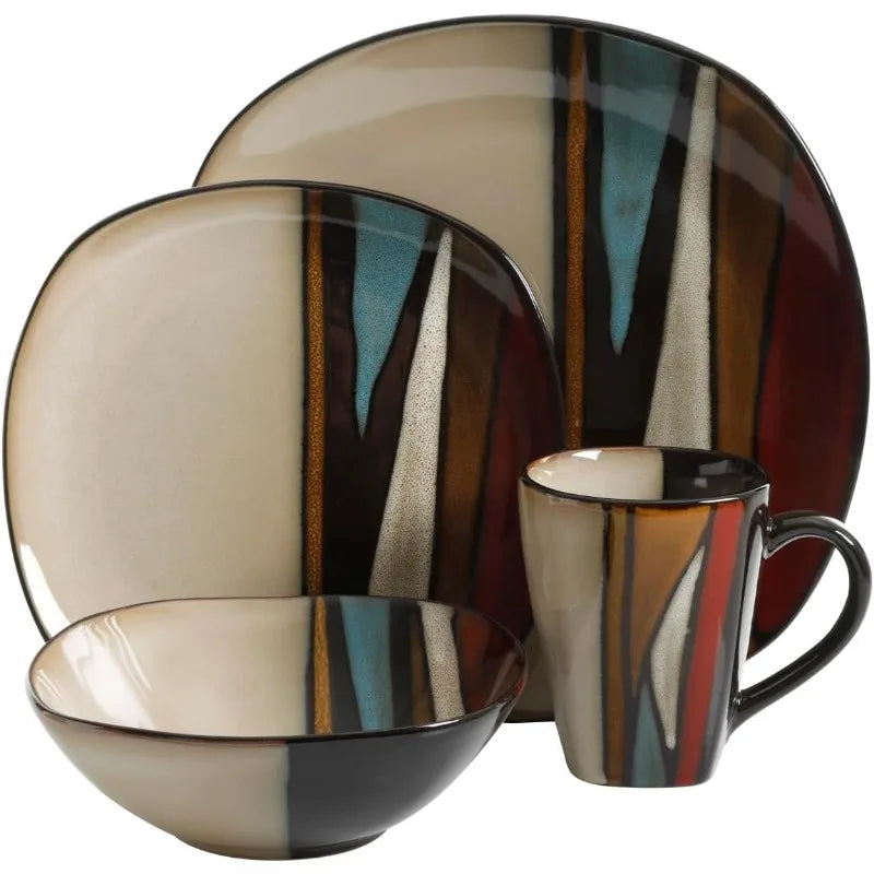 16-piece stoneware dinnerware set with multicolor abstract striped pattern in teal, red, brown, and cream tones for 4.
