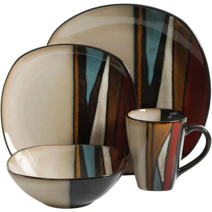 16-piece stoneware dinnerware set with multicolor abstract striped pattern in teal, red, brown, and cream tones for 4.