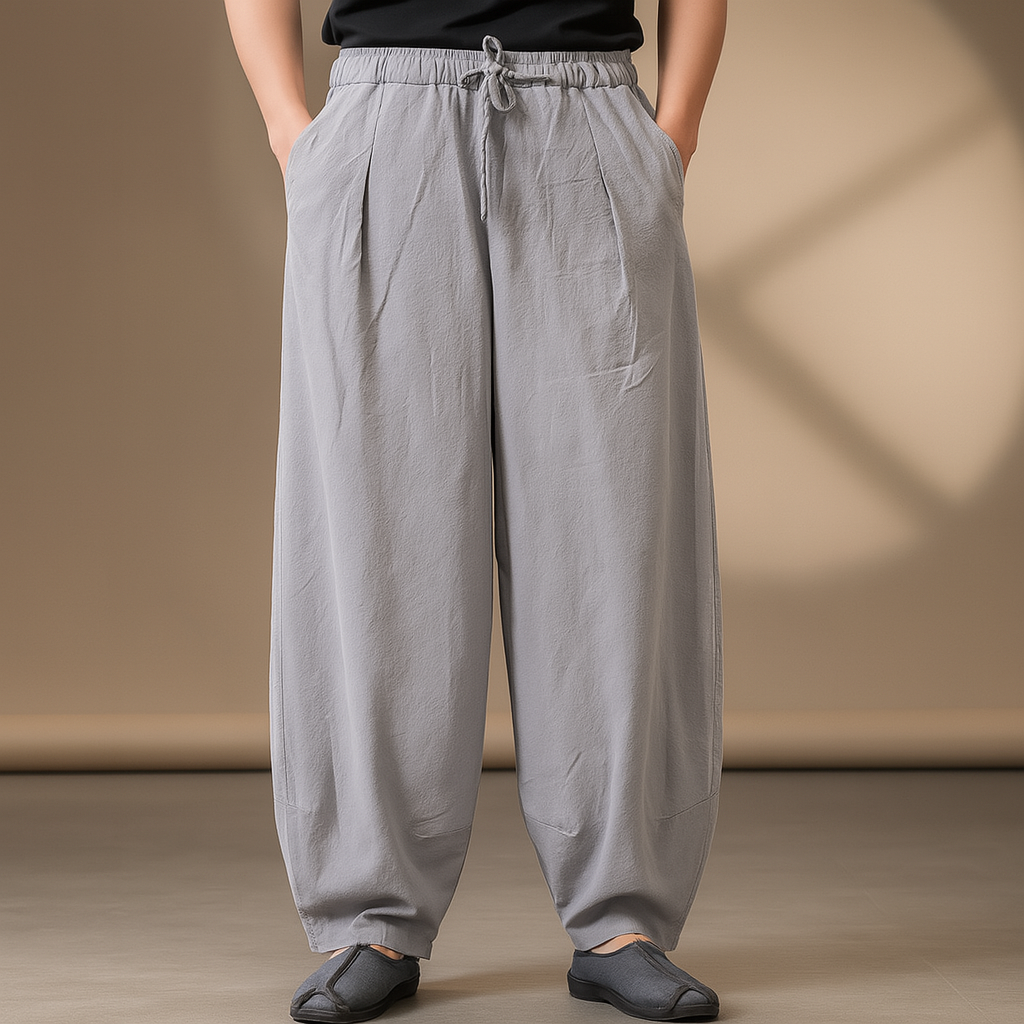 Men's wide-leg linen drawstring pants in gray with elastic waist and relaxed fit, casual loose trousers