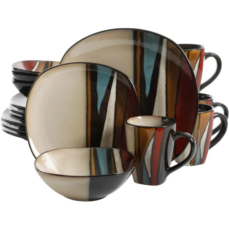 16-Piece Striped Stoneware Dinnerware Set with Plates Bowls Mugs for 4 in Brown Teal Cream Colors
