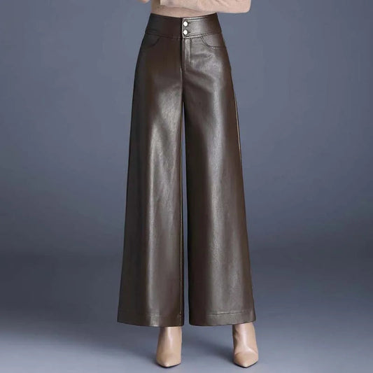 High-waisted wide-leg vegan leather pants in dark brown with button closure and cuffed hem for women