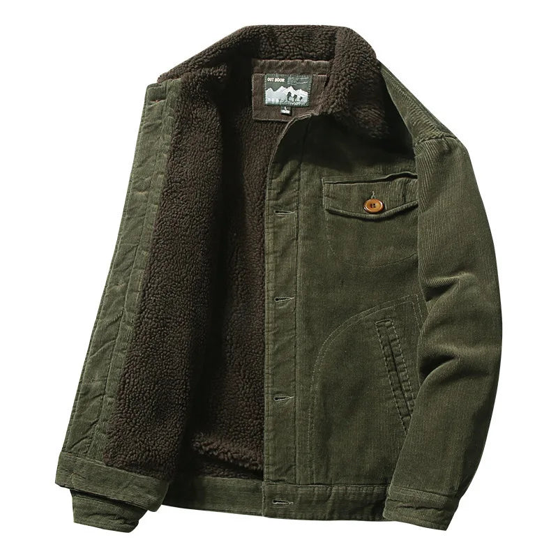 Army green men's corduroy jacket with brown sherpa fleece lining, chest pocket, and wooden button detail, open front view