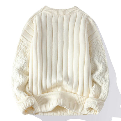 Cream cable knit wool blend pullover sweater for men with ribbed texture and round neckline