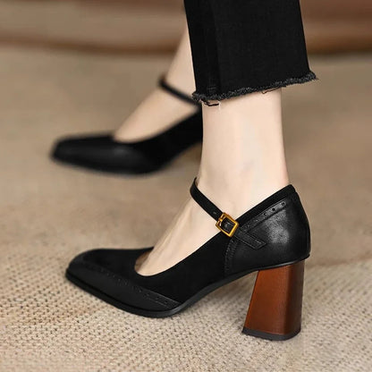 Women's Square Toe Leather Block Heel Pumps
