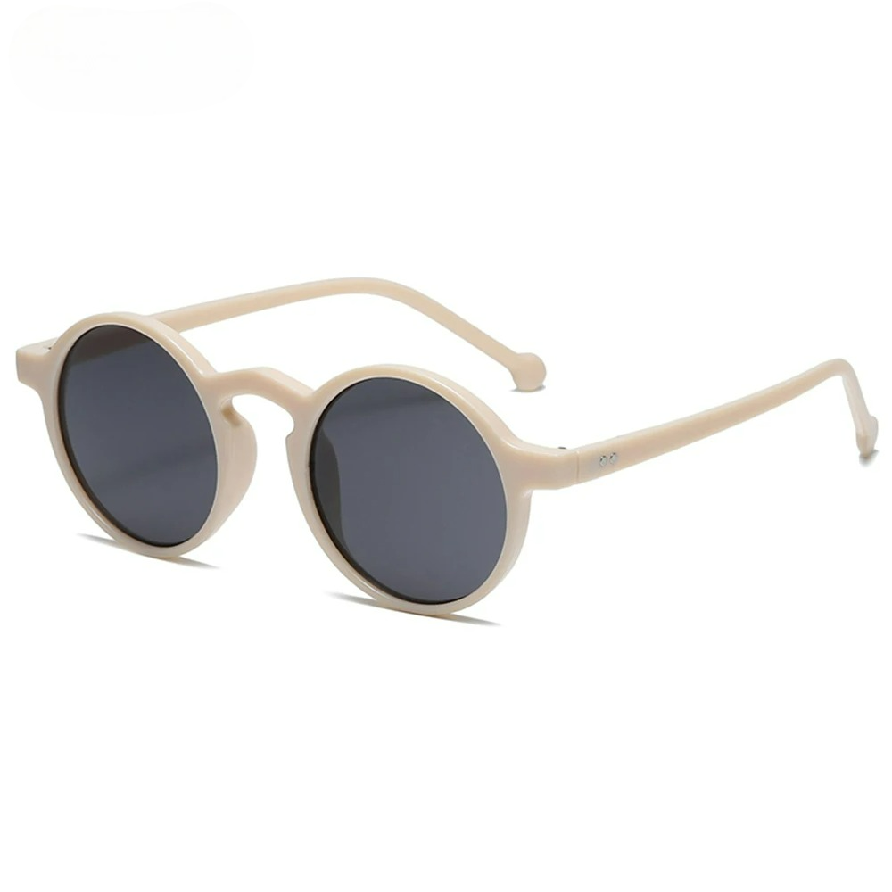 Round frame sunglasses with cream beige acetate frame and dark gray UV400 lenses, retro style, unisex design