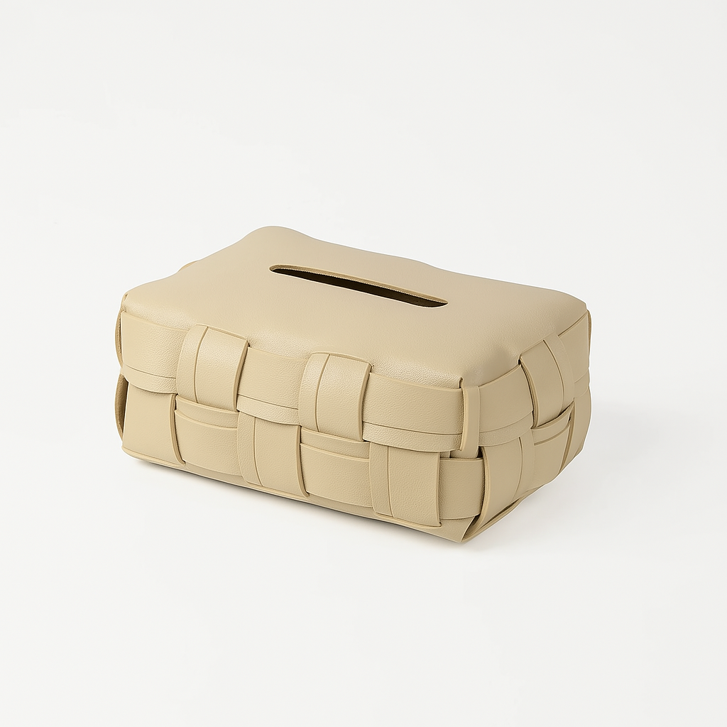 Beige woven leather tissue box cover with interlaced strap design and rectangular slot opening on top