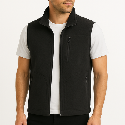 Man wearing a black fleece zip-up vest with chest pocket over a white t-shirt, front view.