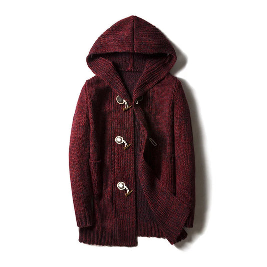 Men's burgundy wool blend hooded toggle cardigan sweater with ribbed knit texture and horn button closures