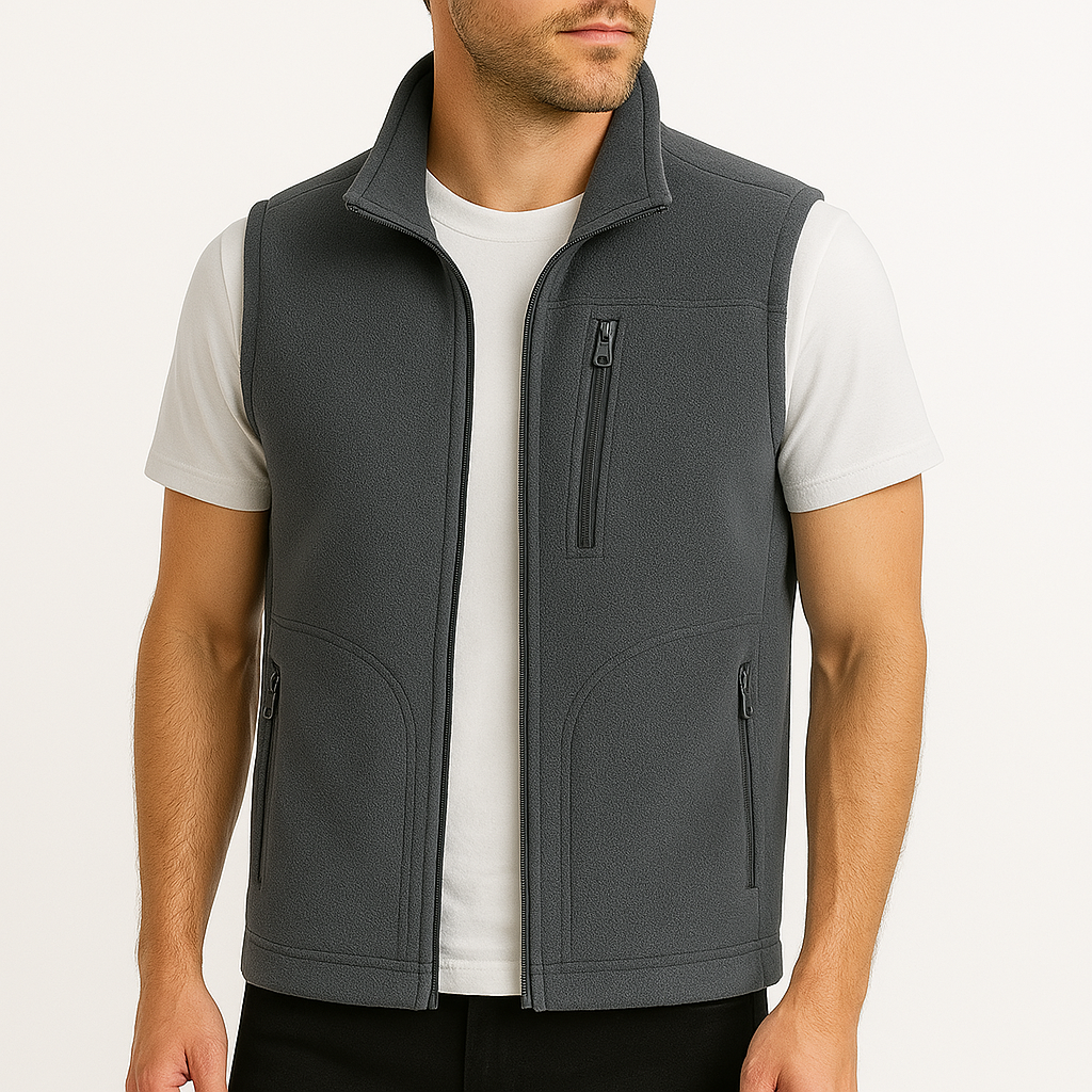 Men's dark gray fleece zip-up vest with mock neck collar and multiple zip pockets, worn open over white t-shirt.