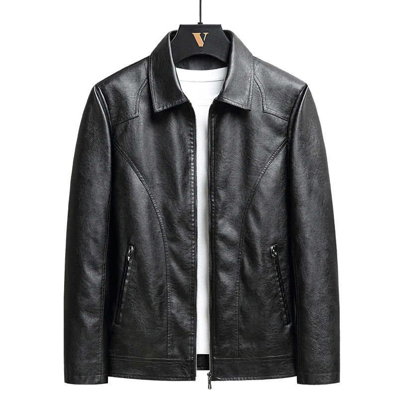 Black men's leather zip-up jacket with collar, side pockets, and white t-shirt underneath, displayed on hanger.