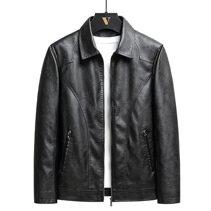 Black men's leather zip-up jacket with collar, side pockets, and white t-shirt underneath, displayed on hanger.