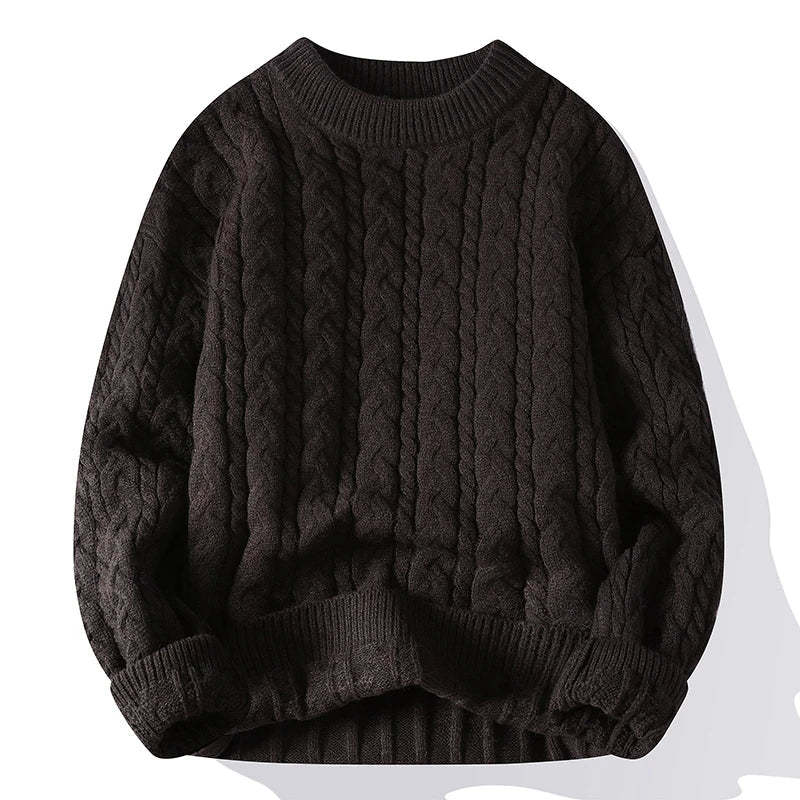 Dark brown men's cable knit wool blend crewneck pullover sweater with textured twisted pattern and ribbed cuffs
