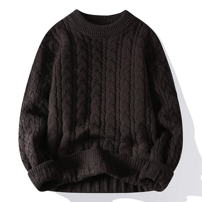 Dark brown men's cable knit wool blend crewneck pullover sweater with textured twisted pattern and ribbed cuffs