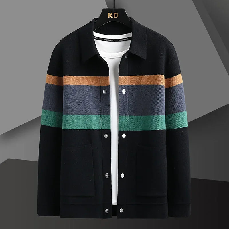 Black wool blend men's cardigan with brown, navy, and green stripes, magnetic buttons, and front pockets on hanger.