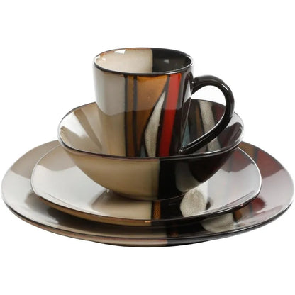 16-Piece Striped Stoneware Dinnerware Set in Brown, Tan and Red - Service for 4 with Plates, Bowls and Mugs