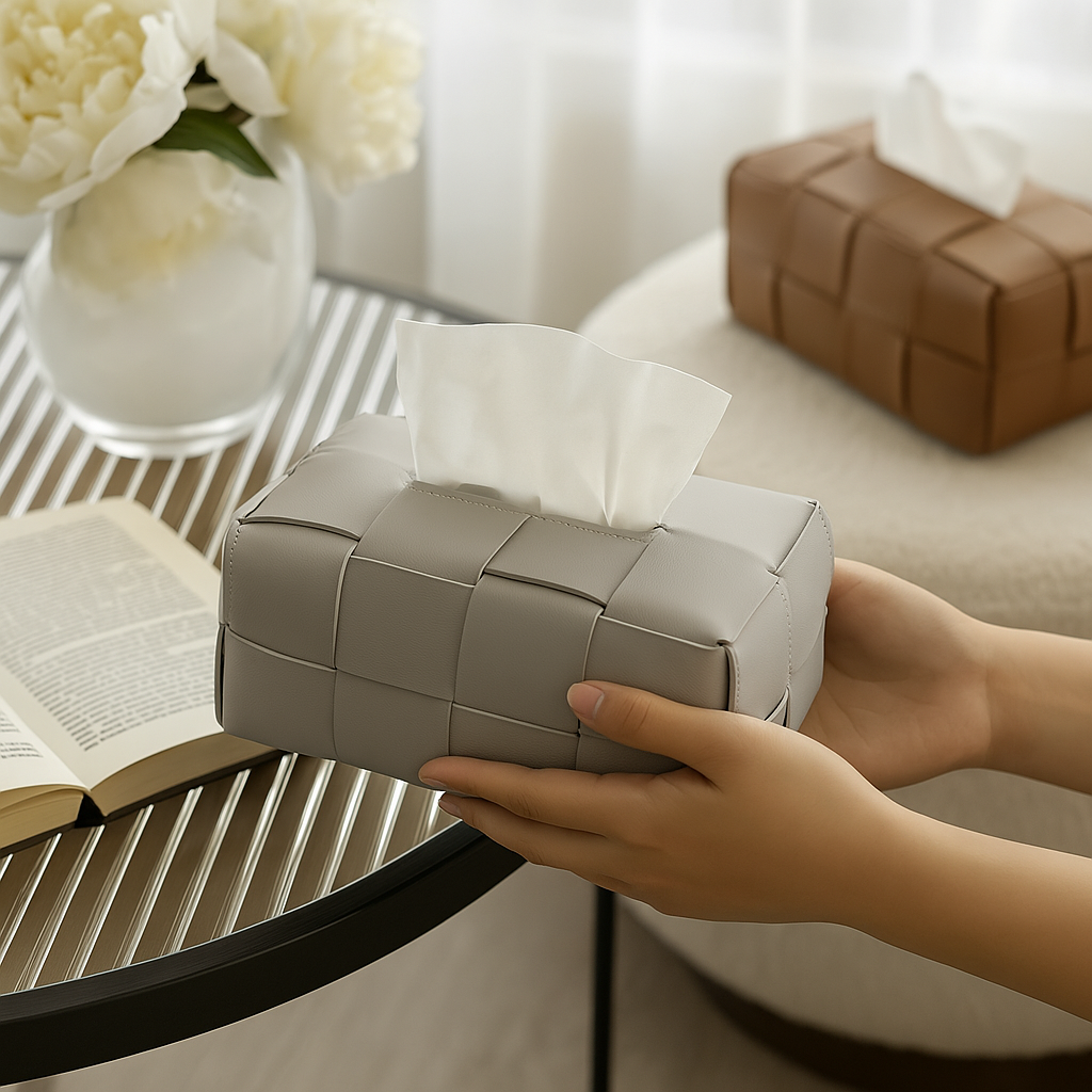 Hands holding a gray woven leather tissue box cover on a table, with a brown version visible in the background.