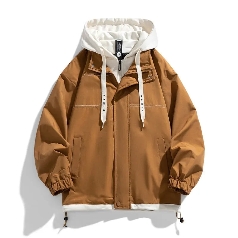 Camel brown men's zip-up hooded jacket with white hood trim, elastic cuffs, chest pockets, and drawstring hem