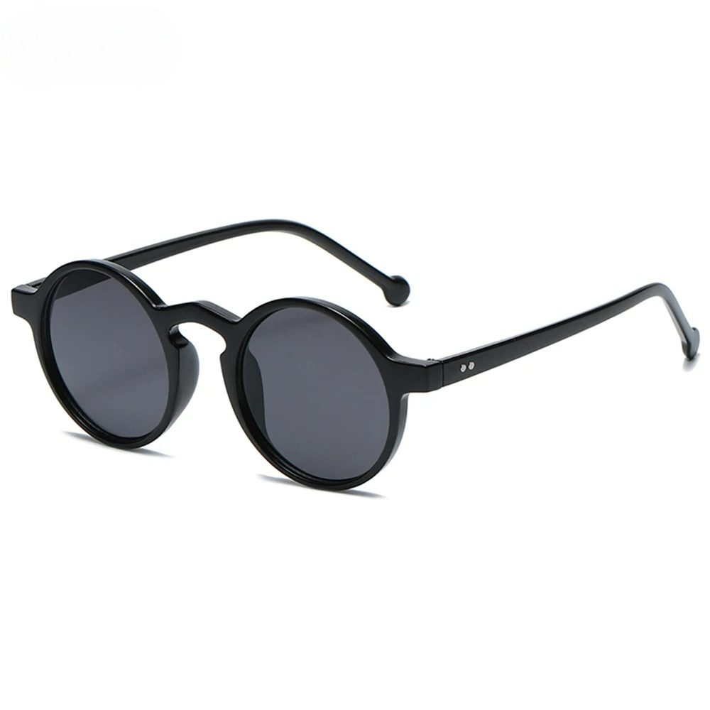 Black round frame sunglasses with dark UV400 lenses, retro style, shown at an angle on white background