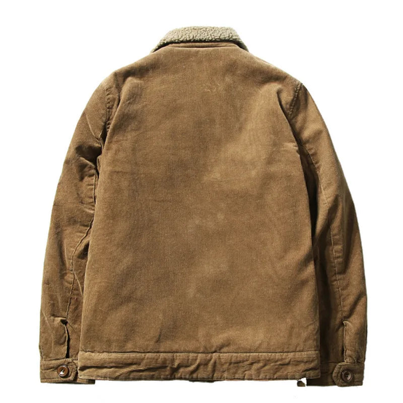 Back view of men's tan corduroy jacket with sherpa collar lining and button cuffs on white background