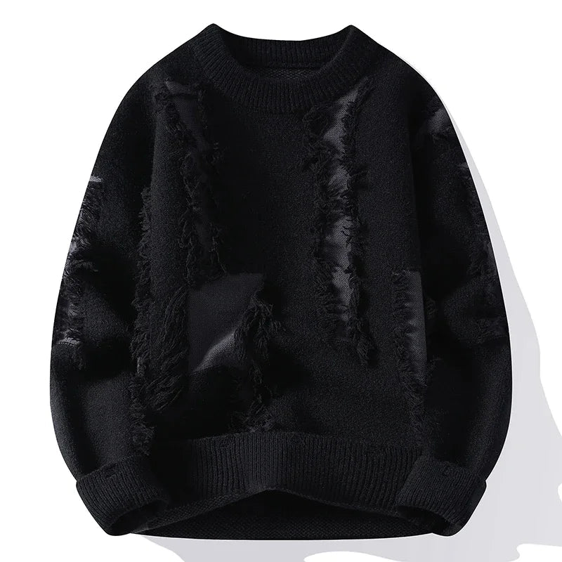Black men's distressed knit pullover sweater with frayed details and crew neck on white background