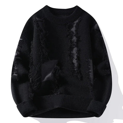 Black men's distressed knit pullover sweater with frayed details and crew neck on white background