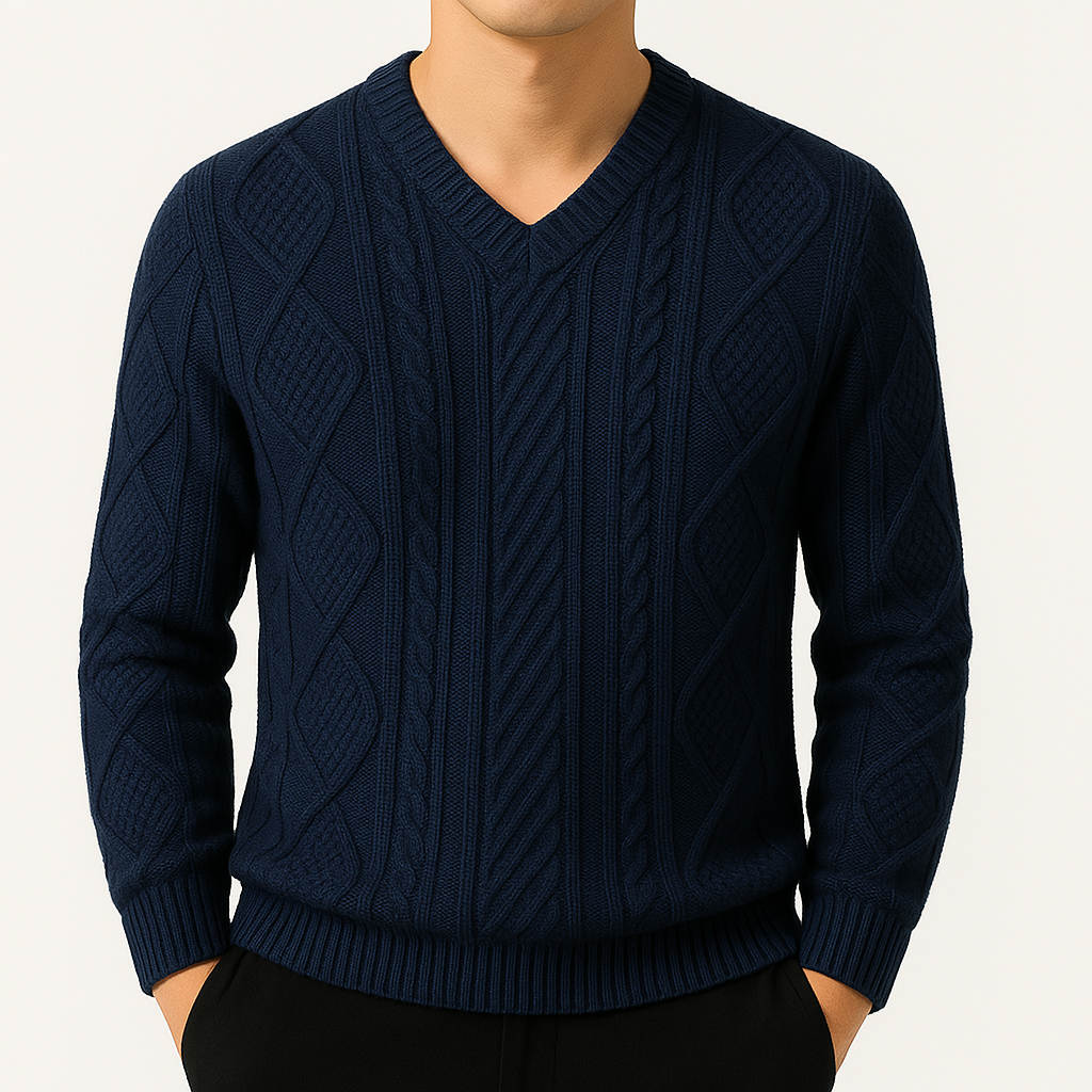 Montclair Cable Knit V-Neck Wool Sweater