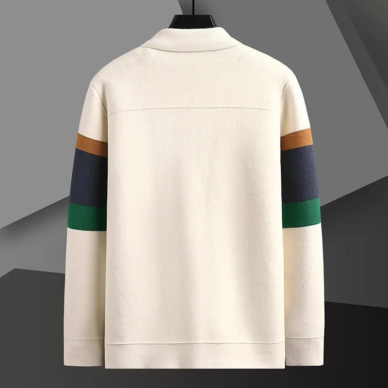 Cream men's cardigan back view with brown, navy, and green horizontal stripes on sleeves, hung on black hanger