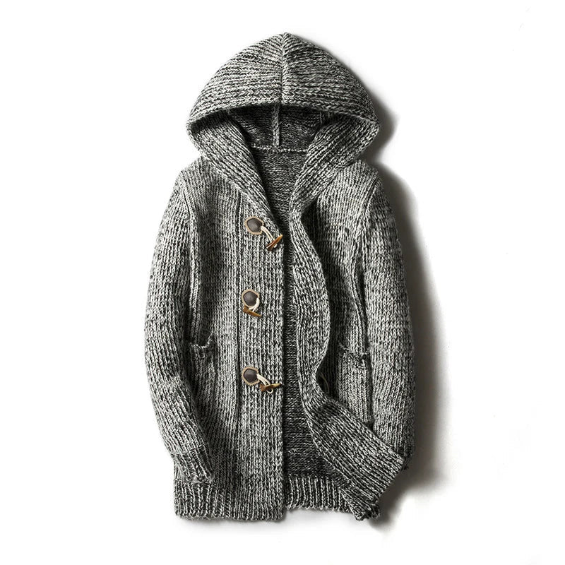 Gray wool blend hooded cardigan with toggle buttons, ribbed knit texture, and relaxed fit for men.