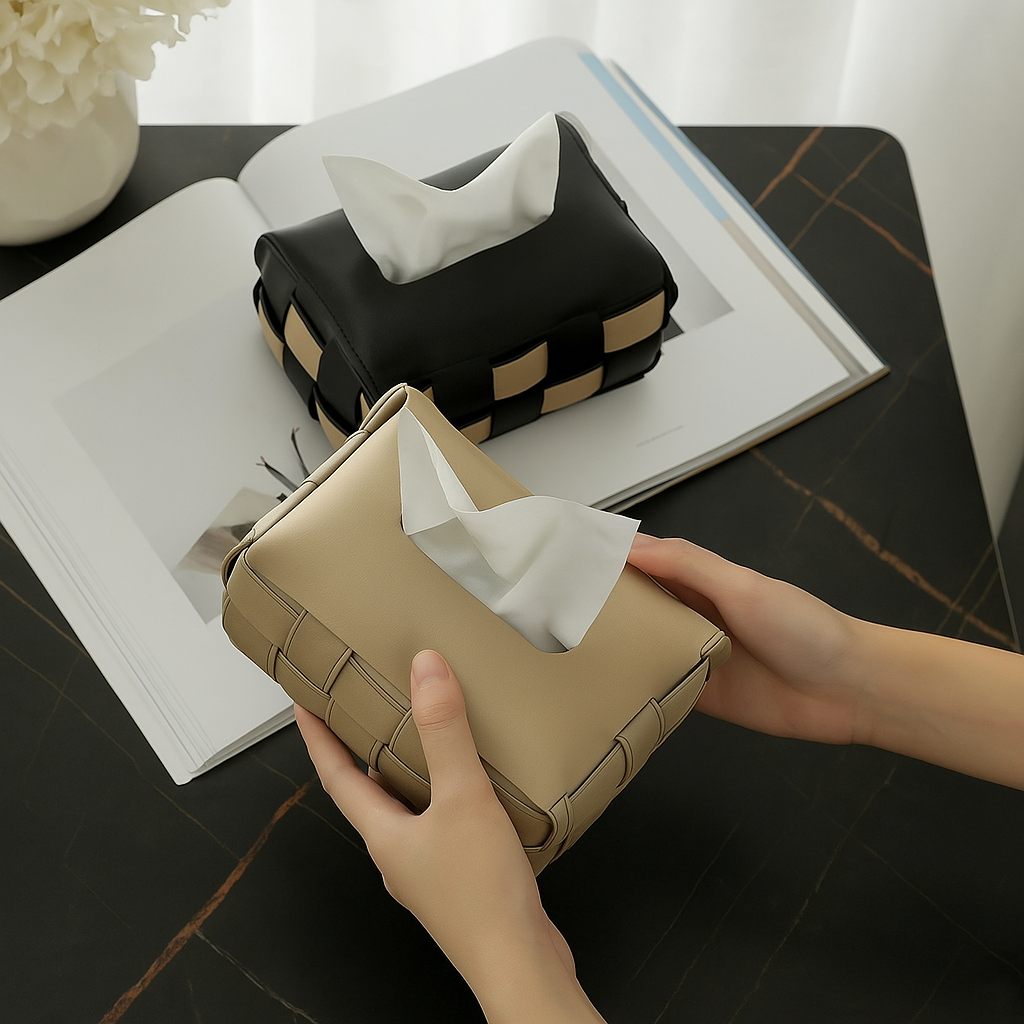 Hands holding beige woven leather tissue box cover beside black version on marble table with open magazine