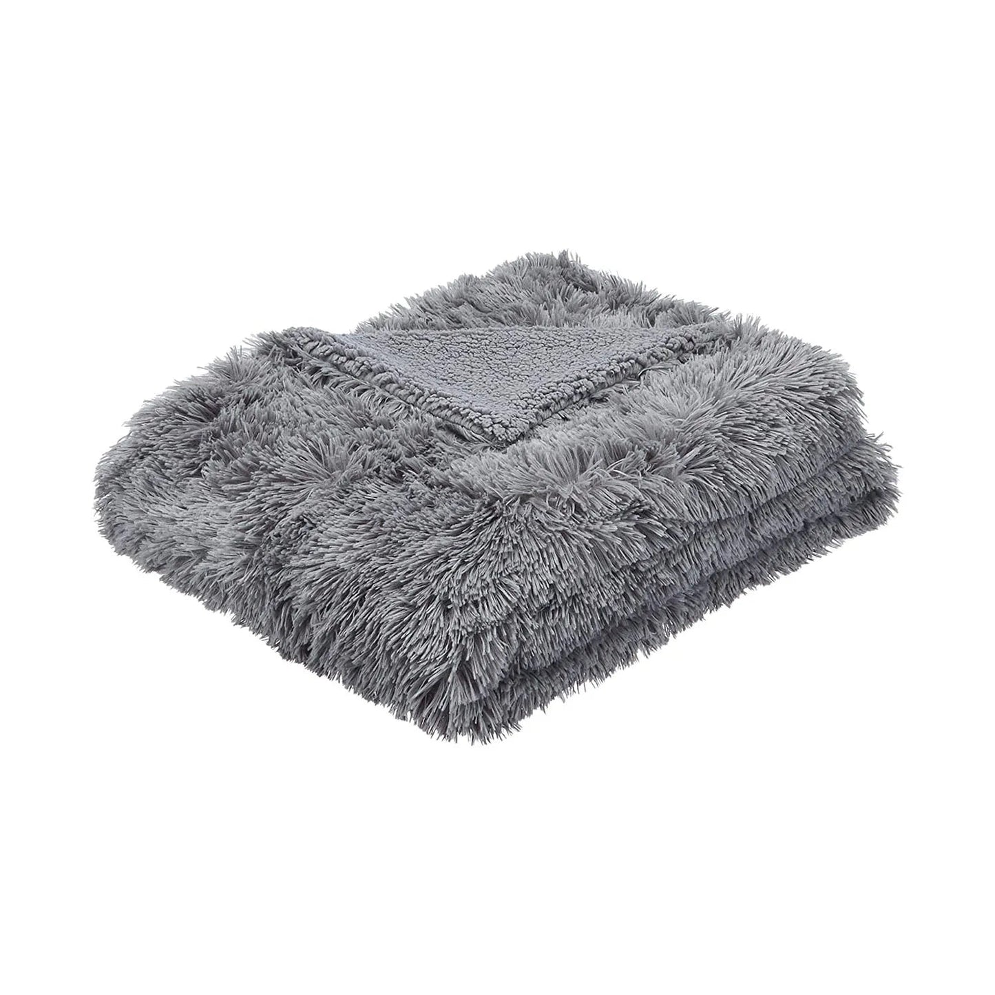Folded gray faux fur plush throw blanket with long shaggy pile and sherpa reverse side