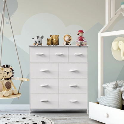 White 9-drawer dresser with steel frame in nursery room with toys and children's decor