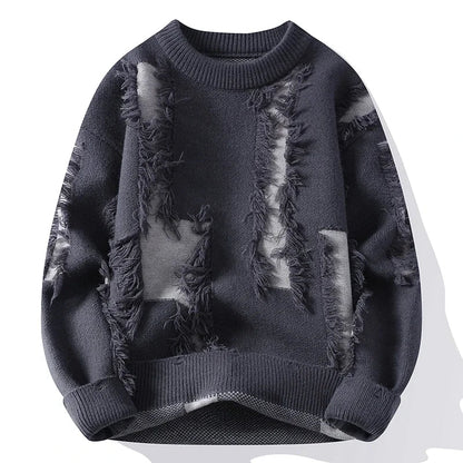 Dark gray men's distressed knit pullover sweater with frayed edges and intentional ripped detail patches