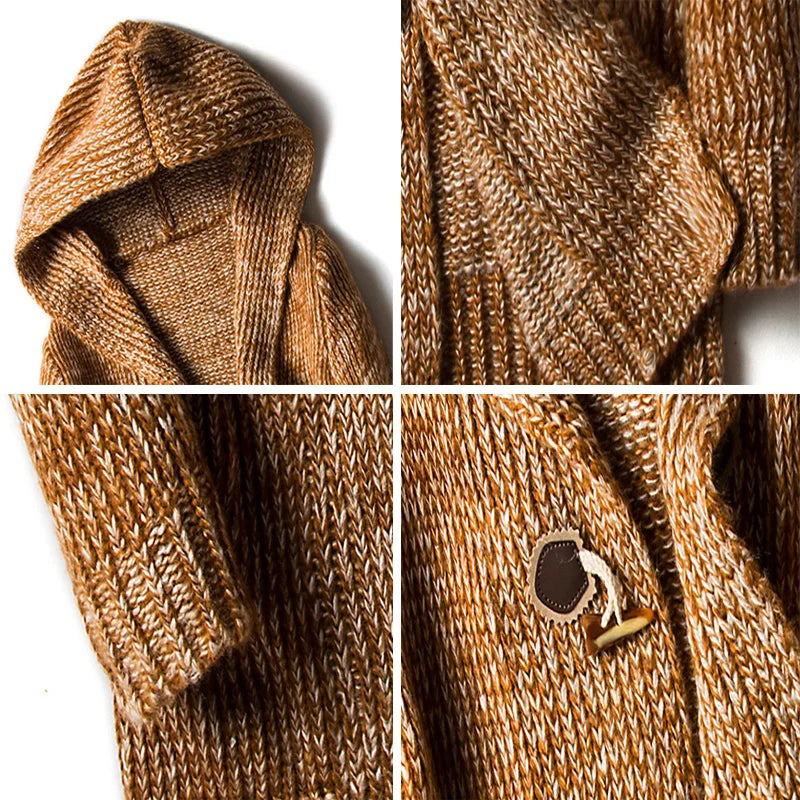 Men's brown wool blend hooded cardigan detail showing hood, knit texture, cuff, and wooden toggle button closure.