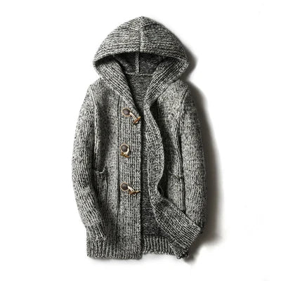 Gray wool blend men's hooded cardigan with toggle buttons, ribbed knit texture, front pockets, and relaxed fit.