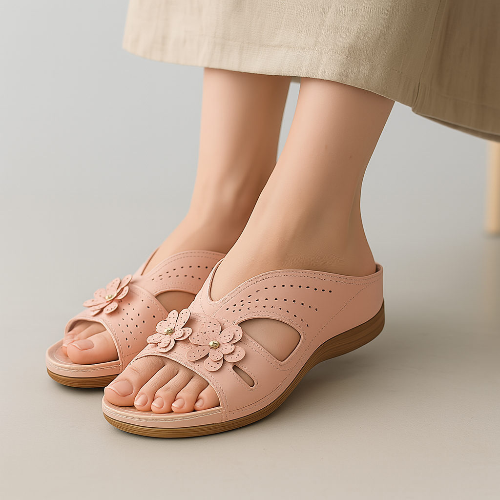 Women's pink slip-on sandals with flower decorations and perforated cutout design on neutral background