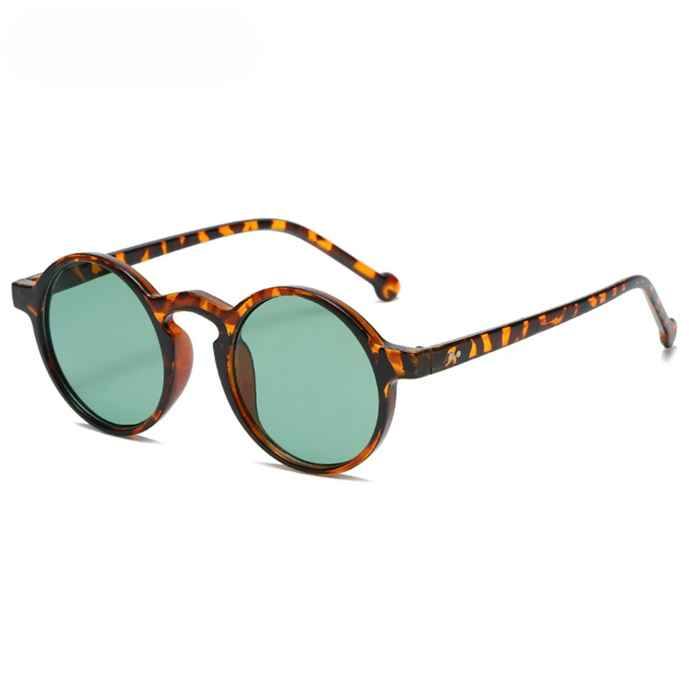 Round tortoiseshell sunglasses with green tinted UV400 lenses and circular frames for men and women