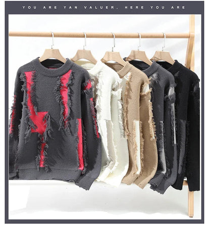 Men's distressed knit pullover sweater with frayed details in multiple colors on hangers - charcoal gray beige white black