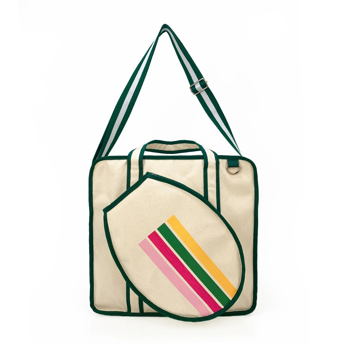 Cream canvas tote bag with green trim, adjustable shoulder strap, and oval pocket with pink, green, and yellow stripes.