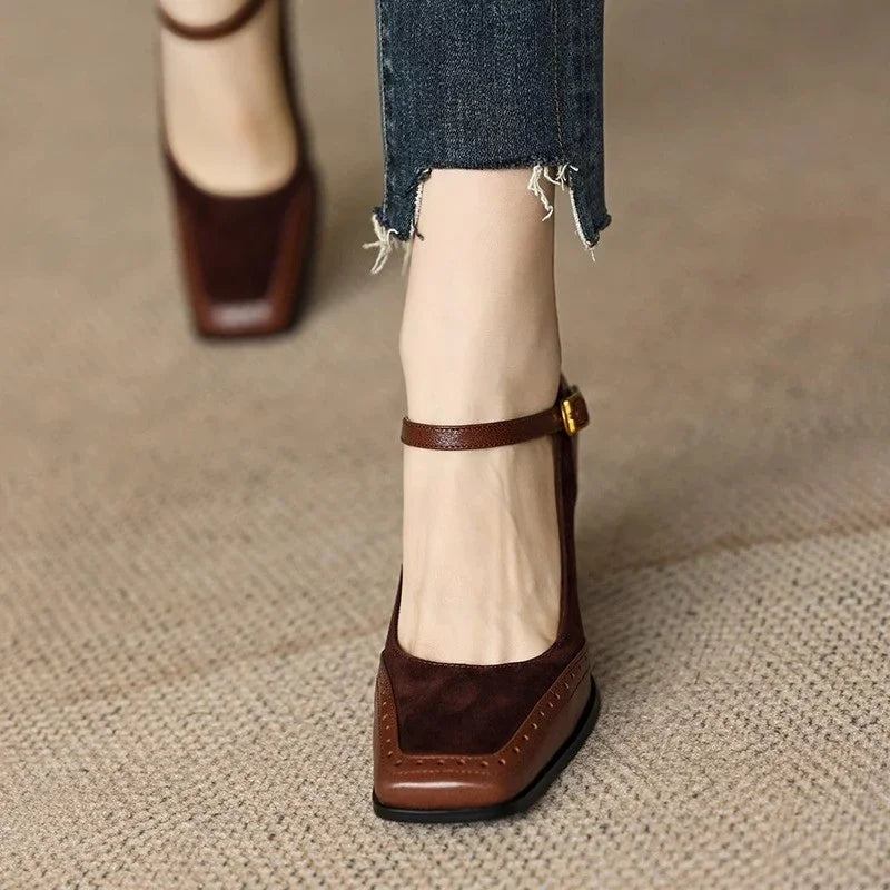 Women's Square Toe Leather Block Heel Pumps